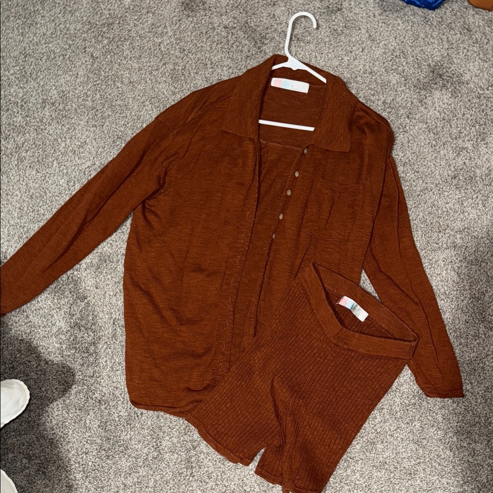 Rust Brown Knit Cardigan and Shorts Set free people